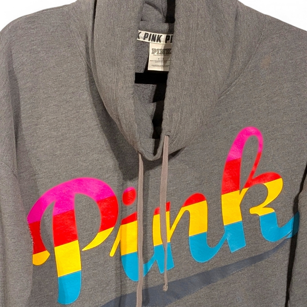 π Vintage Victoria's Secret PINK Cowl Neck Rainbow Logo Sweatshirt Sz S Grayπ - Picture 2 of 7